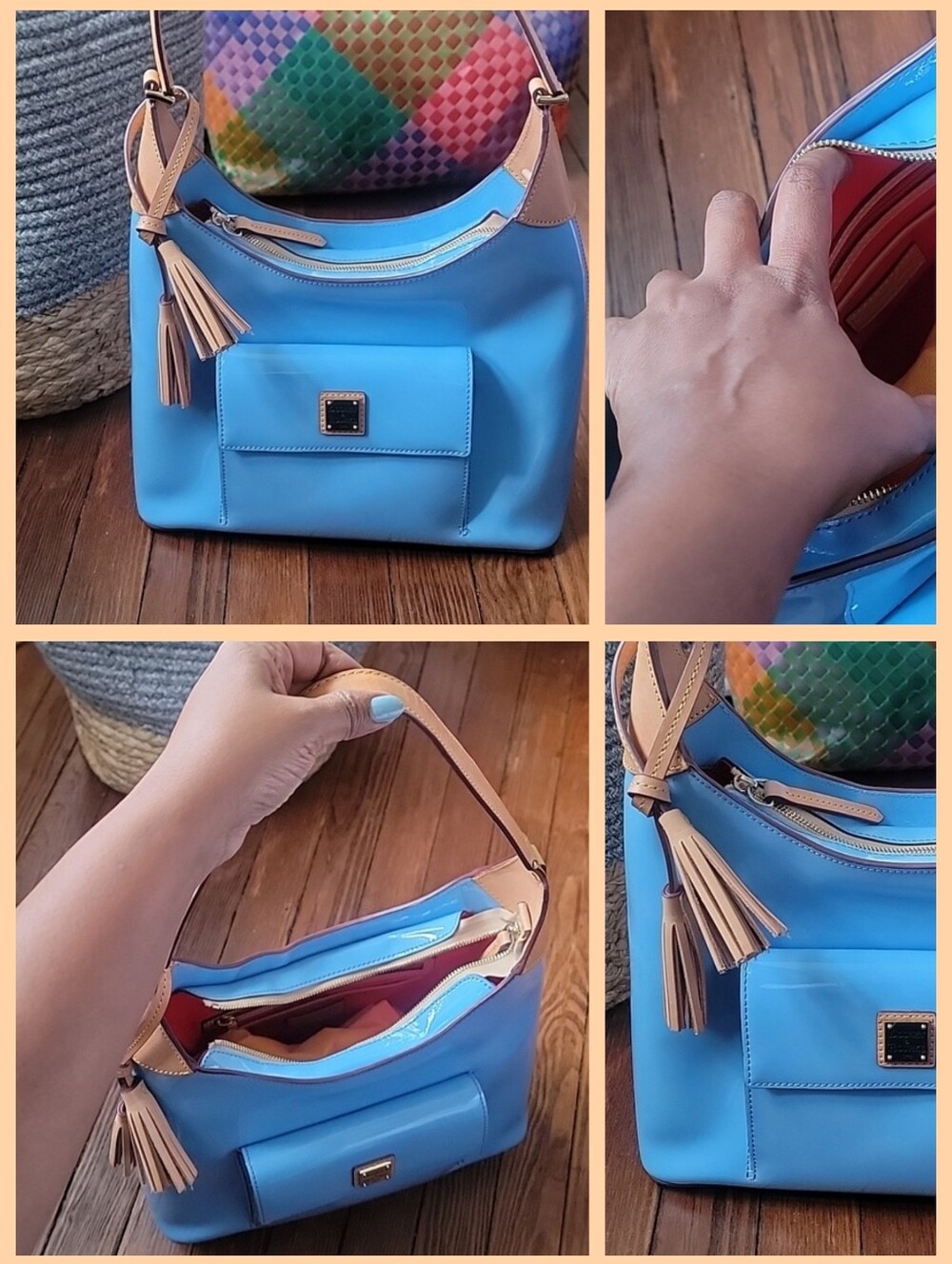 💙Dooney & Bourke💙Womens Light Blue Tan Leather Patent Hobo Handbag